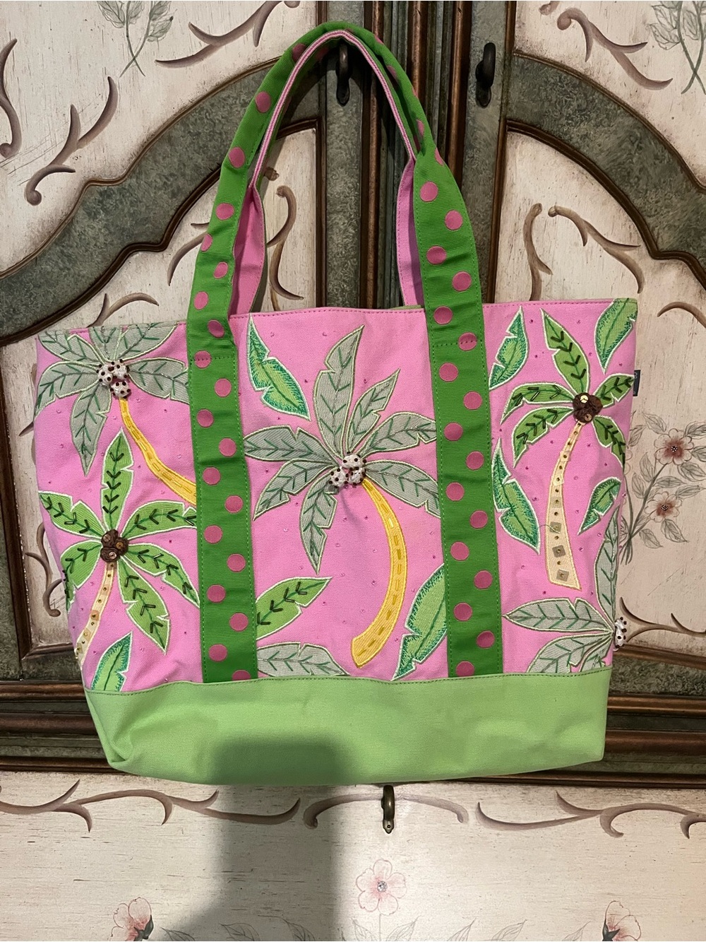 Pink & Green Palm Print Canvas Tote Bag or beach bag! With embellished beading!